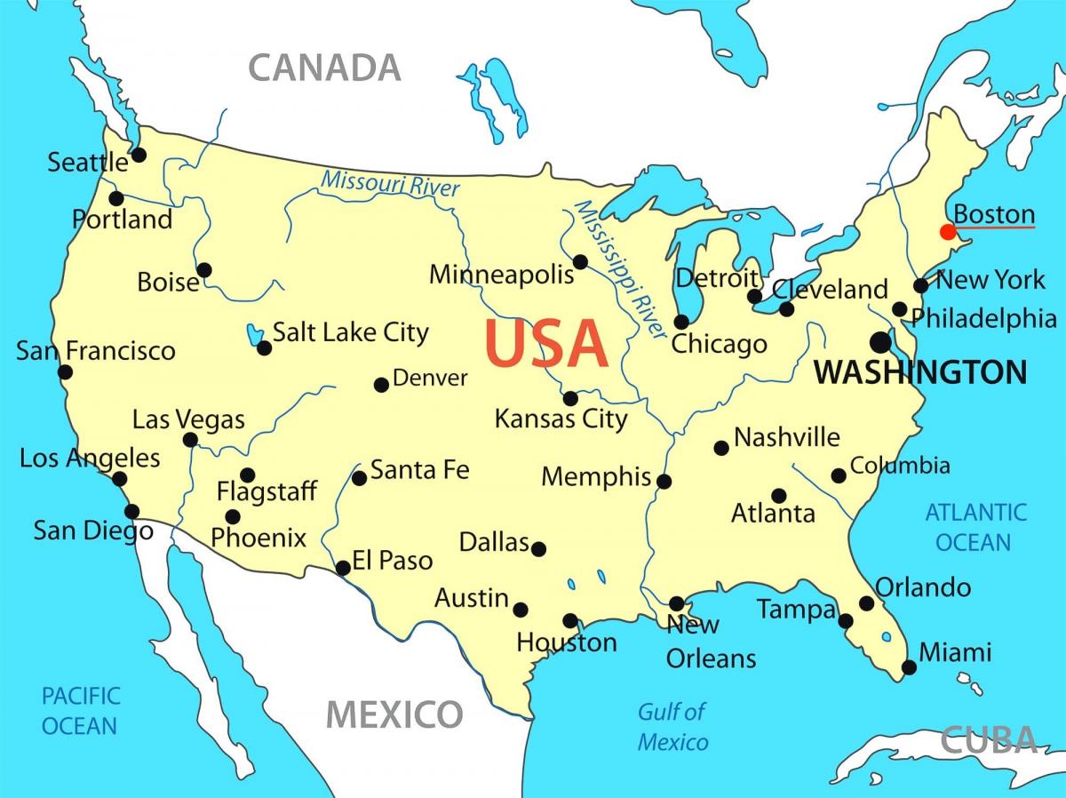 بوسطن على خريطة الولايات المتحدة الأمريكية
